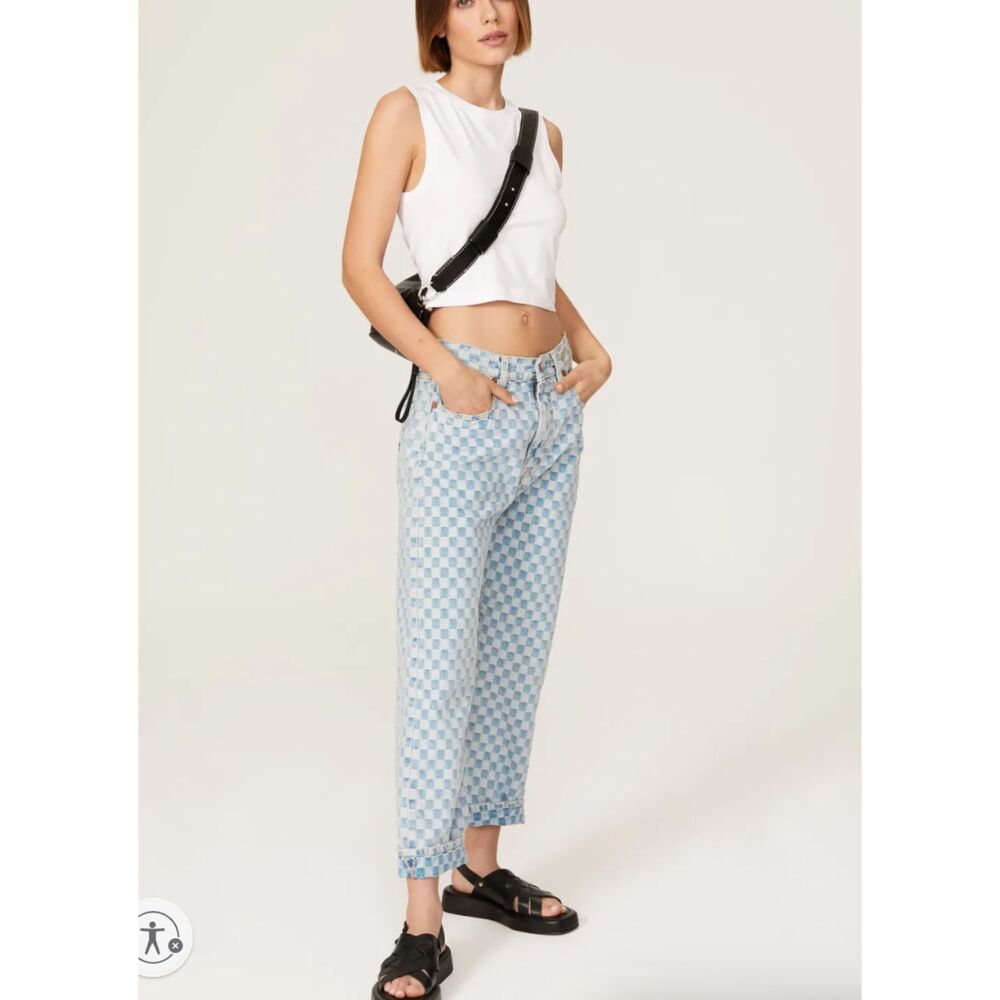 R13 Light Blue Checkerboard Women's Boyfriend Jeans Size 30 Made in Italy